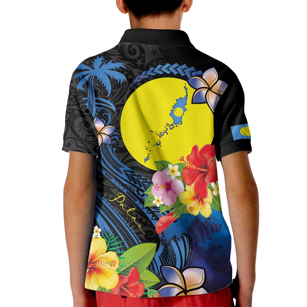 Palau Independence Day Kid Polo Shirt Melanesian Tattoo with Hibiscus