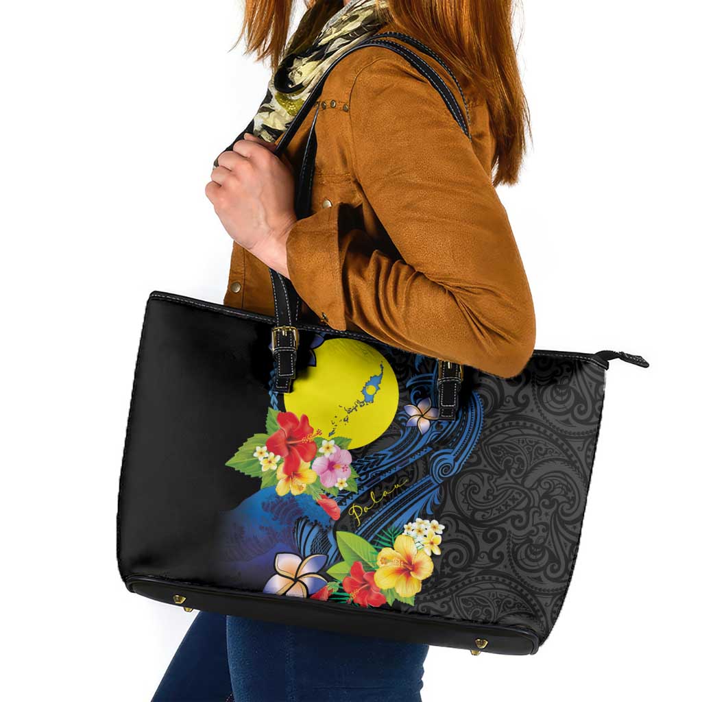 Palau Independence Day Leather Tote Bag Melanesian Tattoo with Hibiscus