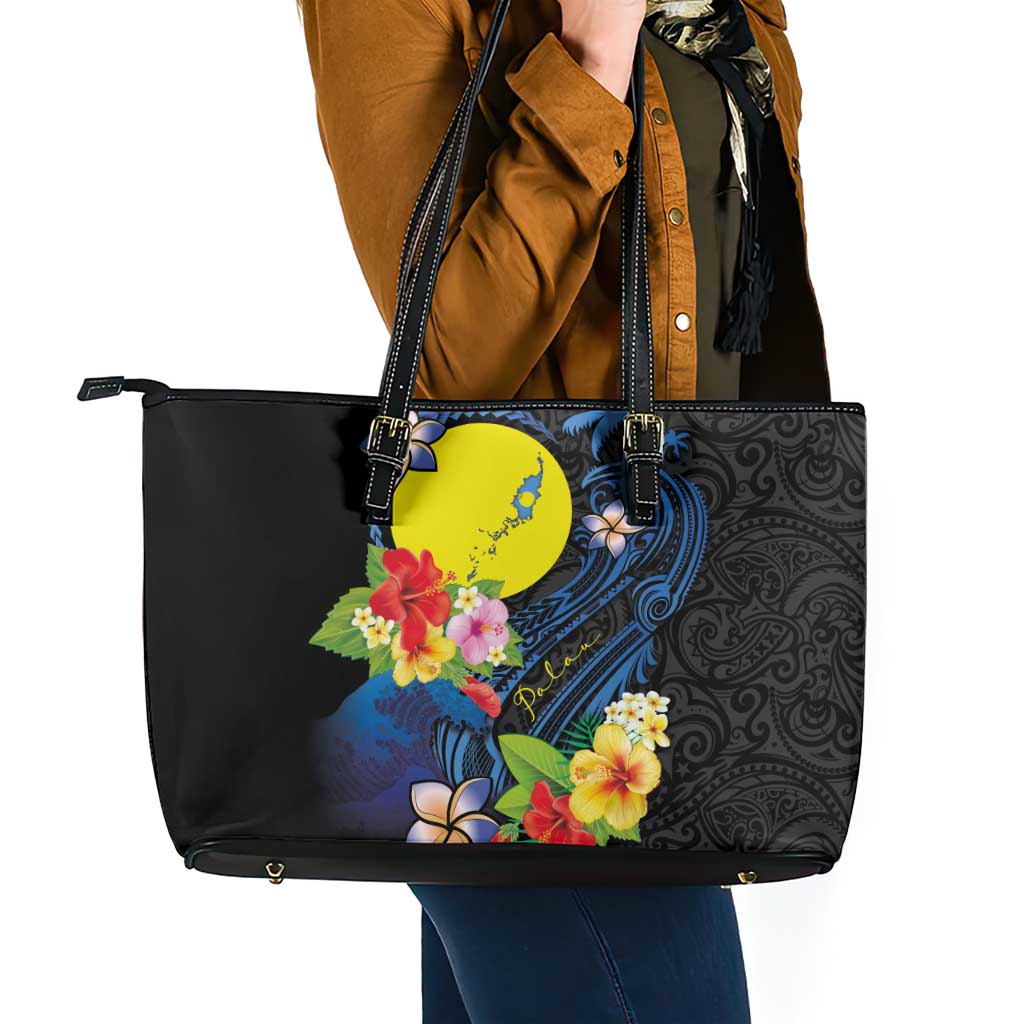 Palau Independence Day Leather Tote Bag Melanesian Tattoo with Hibiscus
