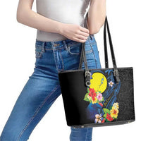 Palau Independence Day Leather Tote Bag Melanesian Tattoo with Hibiscus