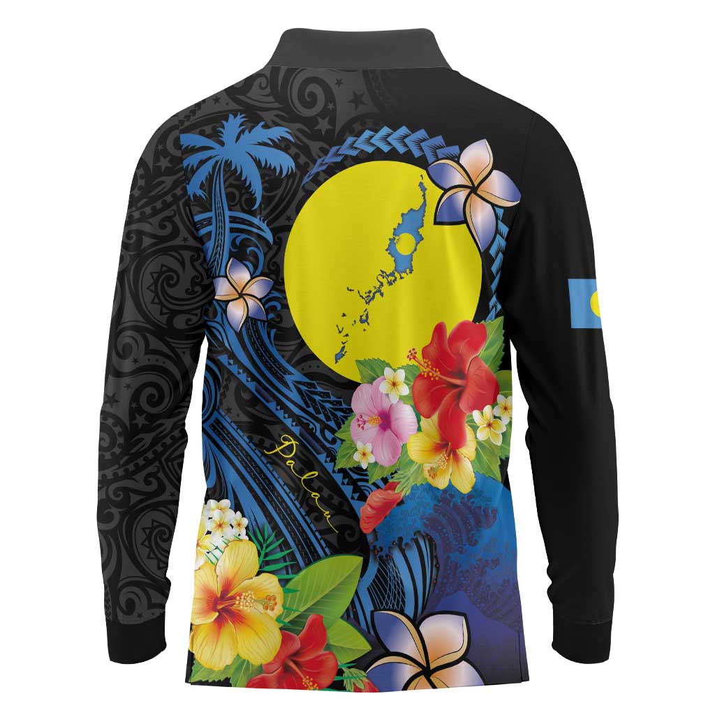 Palau Independence Day Long Sleeve Polo Shirt Melanesian Tattoo with Hibiscus