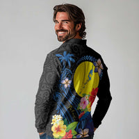 Palau Independence Day Long Sleeve Polo Shirt Melanesian Tattoo with Hibiscus