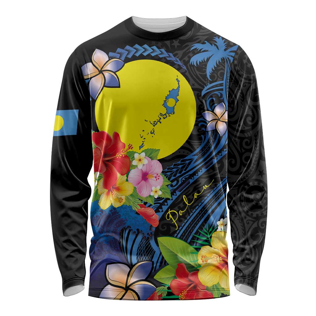 Palau Independence Day Long Sleeve Shirt Melanesian Tattoo with Hibiscus