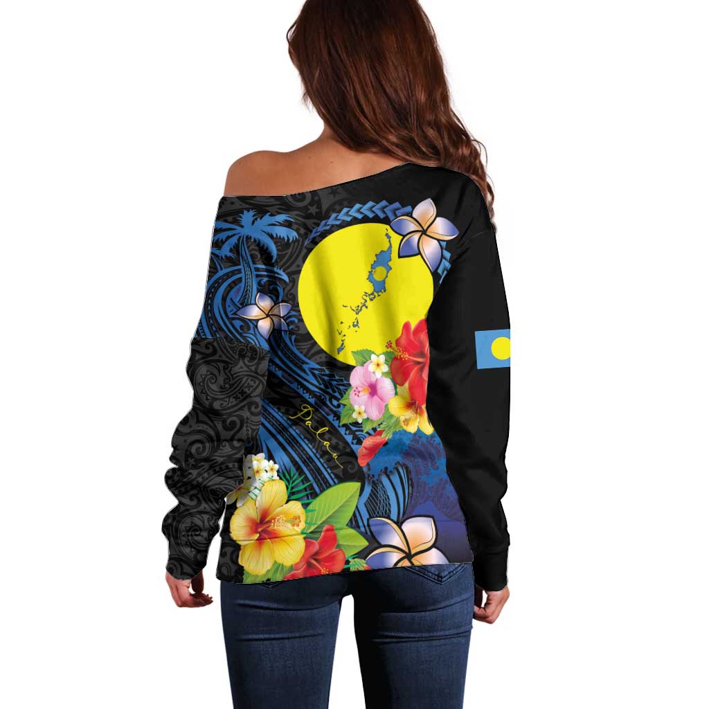 Palau Independence Day Off Shoulder Sweater Melanesian Tattoo with Hibiscus