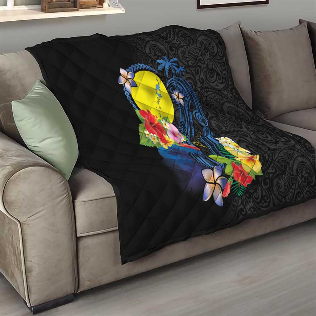 Palau Independence Day Quilt Melanesian Tattoo with Hibiscus