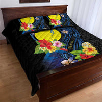 Palau Independence Day Quilt Bed Set Melanesian Tattoo with Hibiscus