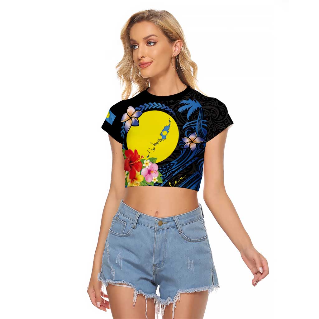Palau Independence Day Raglan Cropped T Shirt Melanesian Tattoo with Hibiscus