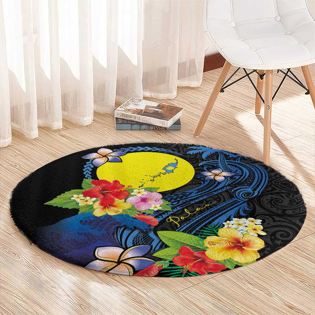 Palau Independence Day Round Carpet Melanesian Tattoo with Hibiscus