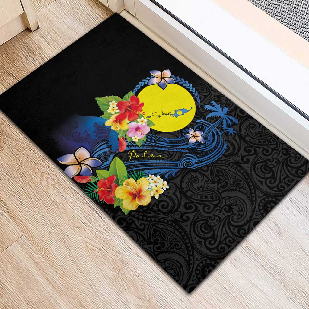 Palau Independence Day Rubber Doormat Melanesian Tattoo with Hibiscus