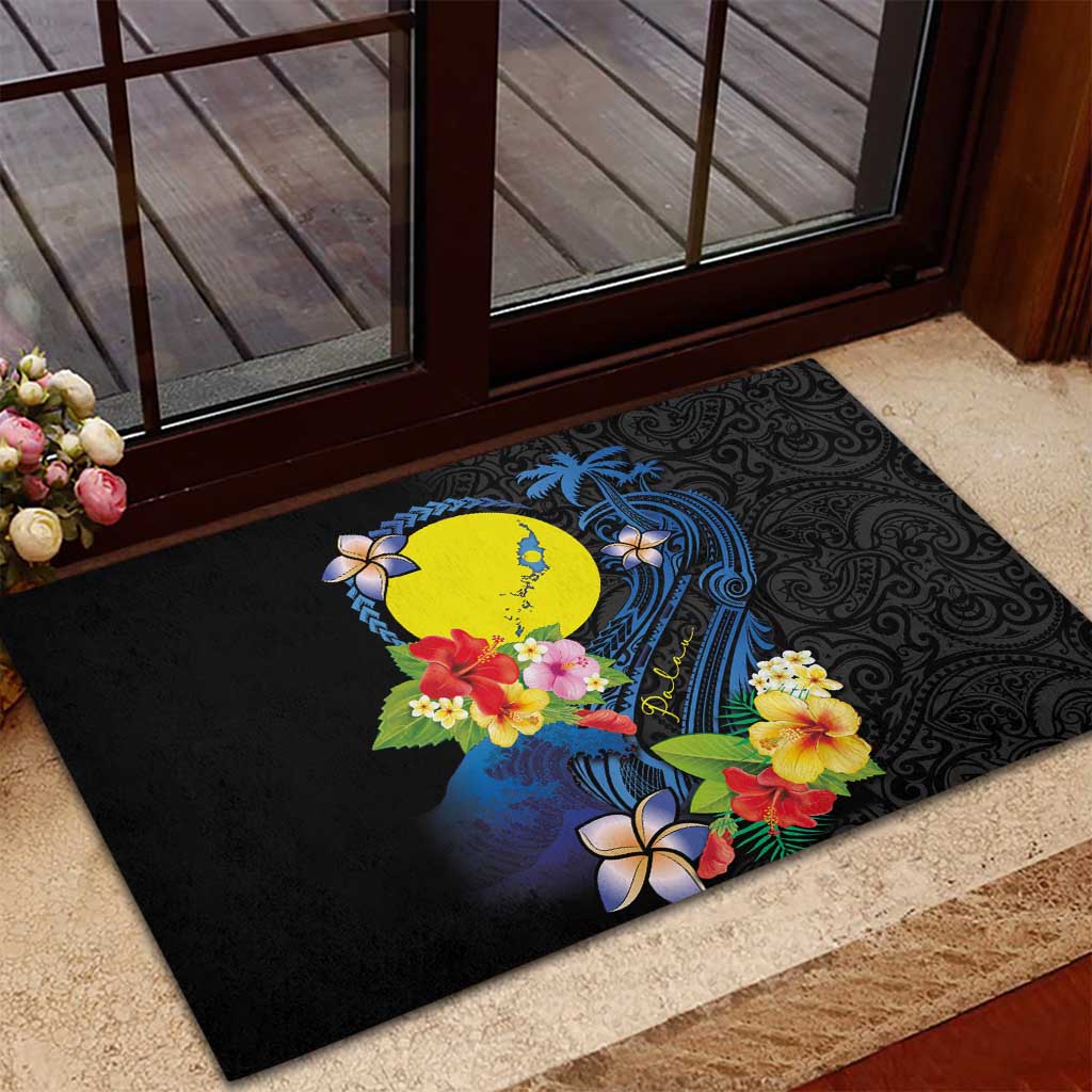 Palau Independence Day Rubber Doormat Melanesian Tattoo with Hibiscus