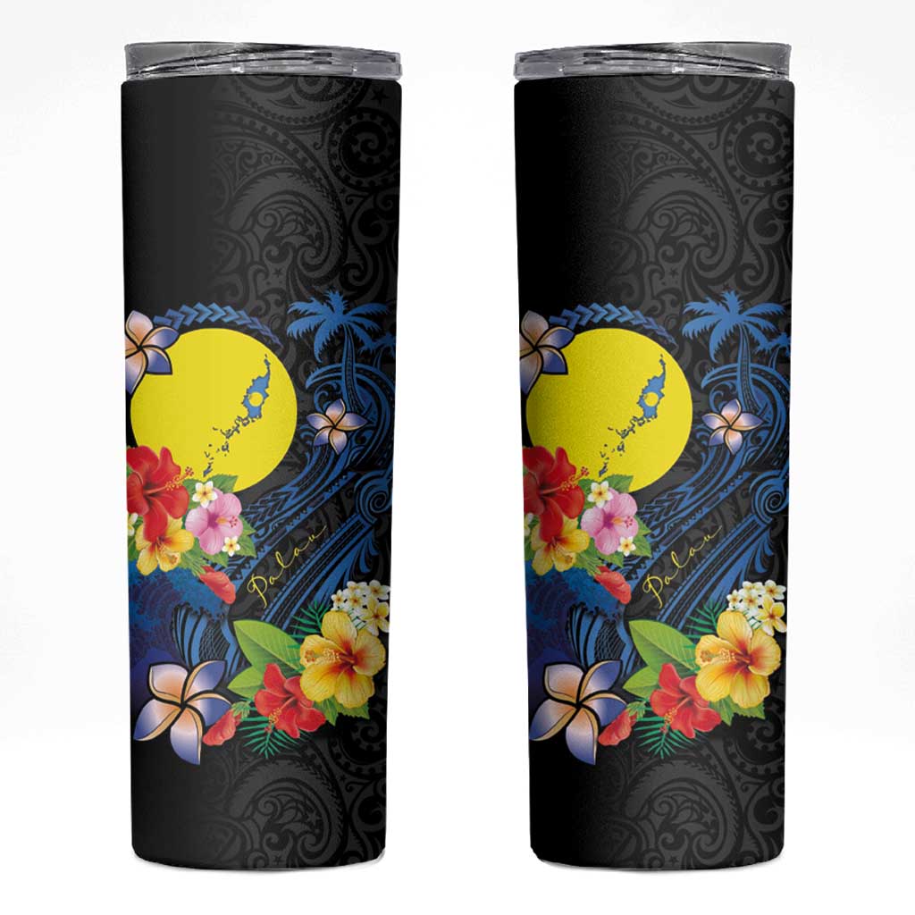 Palau Independence Day Skinny Tumbler Melanesian Tattoo with Hibiscus