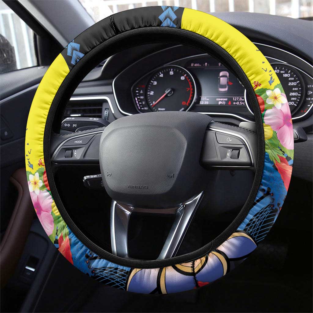 Palau Independence Day Steering Wheel Cover Melanesian Tattoo with Hibiscus