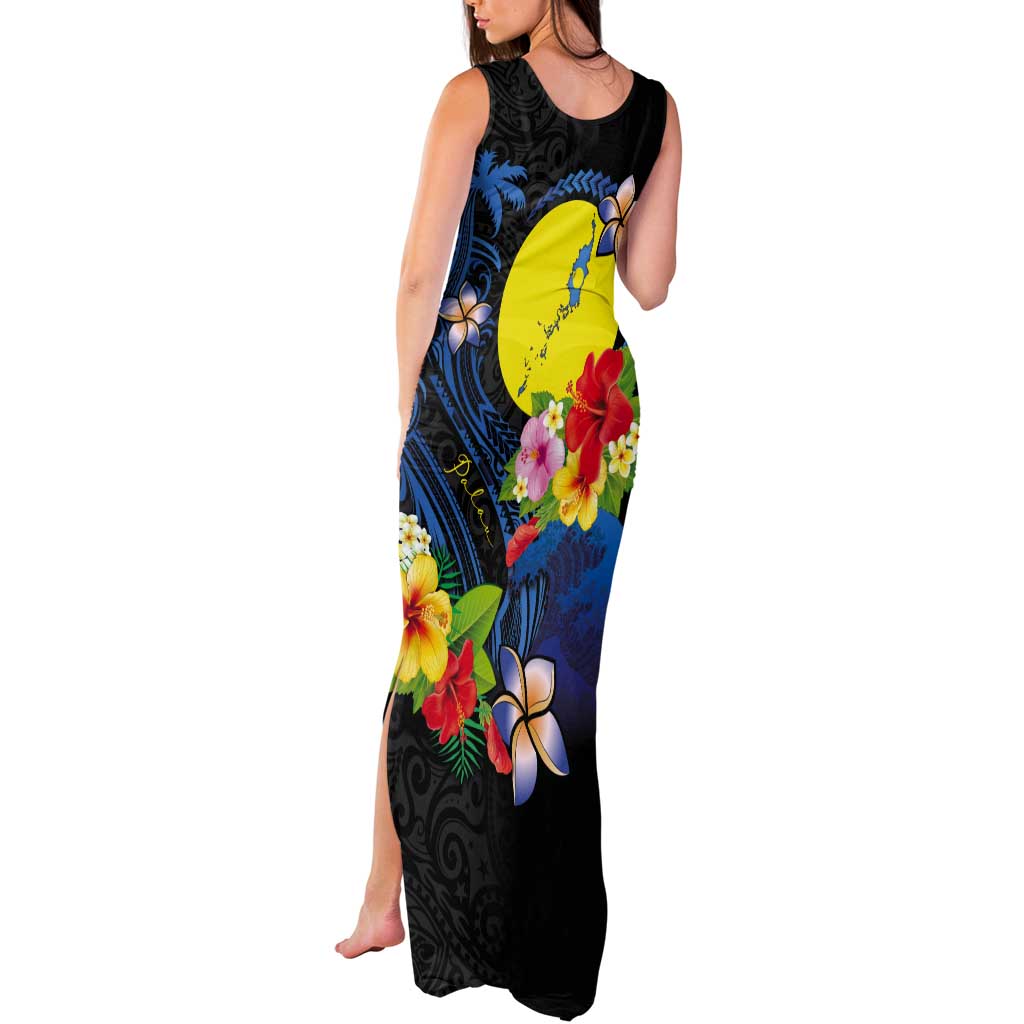 Palau Independence Day Tank Maxi Dress Melanesian Tattoo with Hibiscus