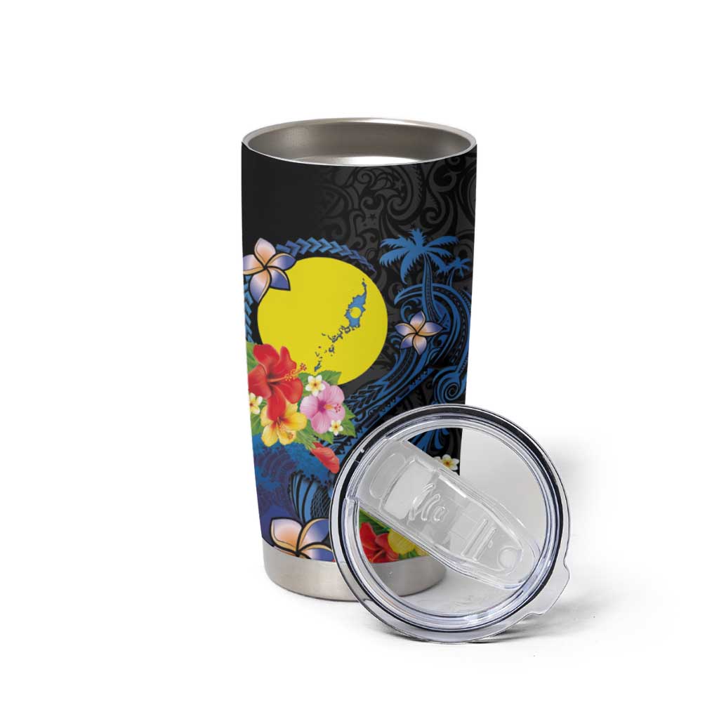 Palau Independence Day Tumbler Cup Melanesian Tattoo with Hibiscus