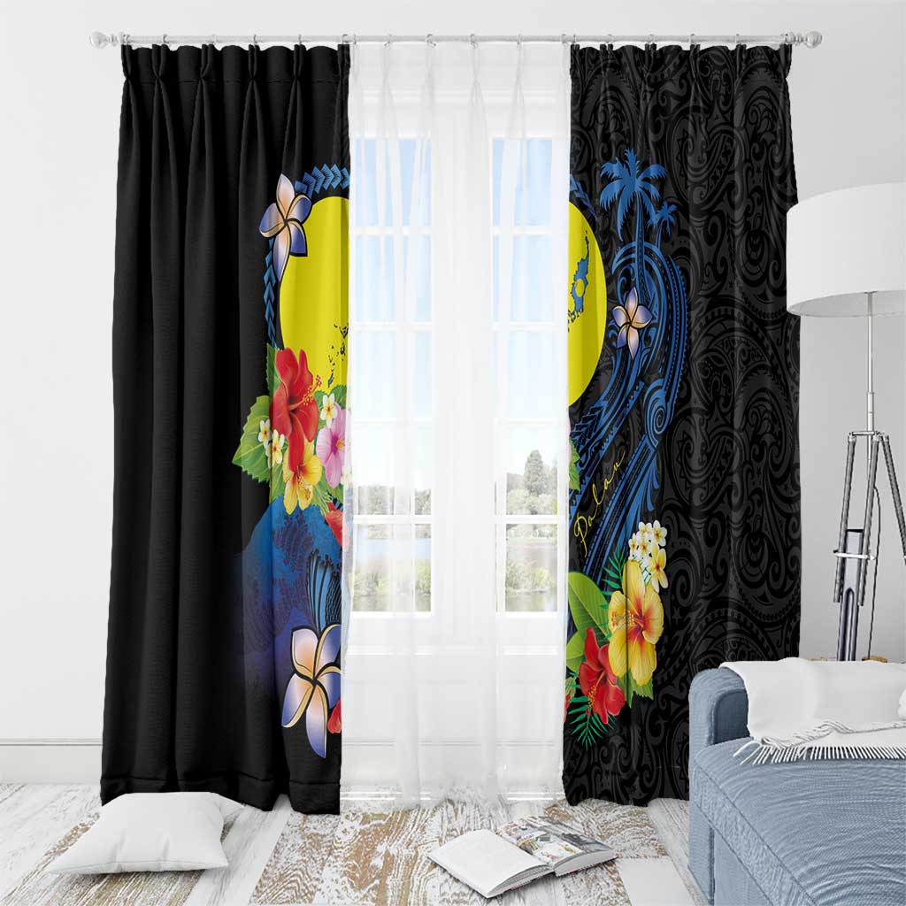 Palau Independence Day Window Curtain Melanesian Tattoo with Hibiscus