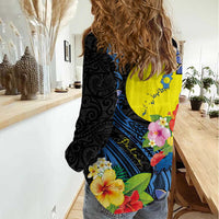 Palau Independence Day Women Casual Shirt Melanesian Tattoo with Hibiscus