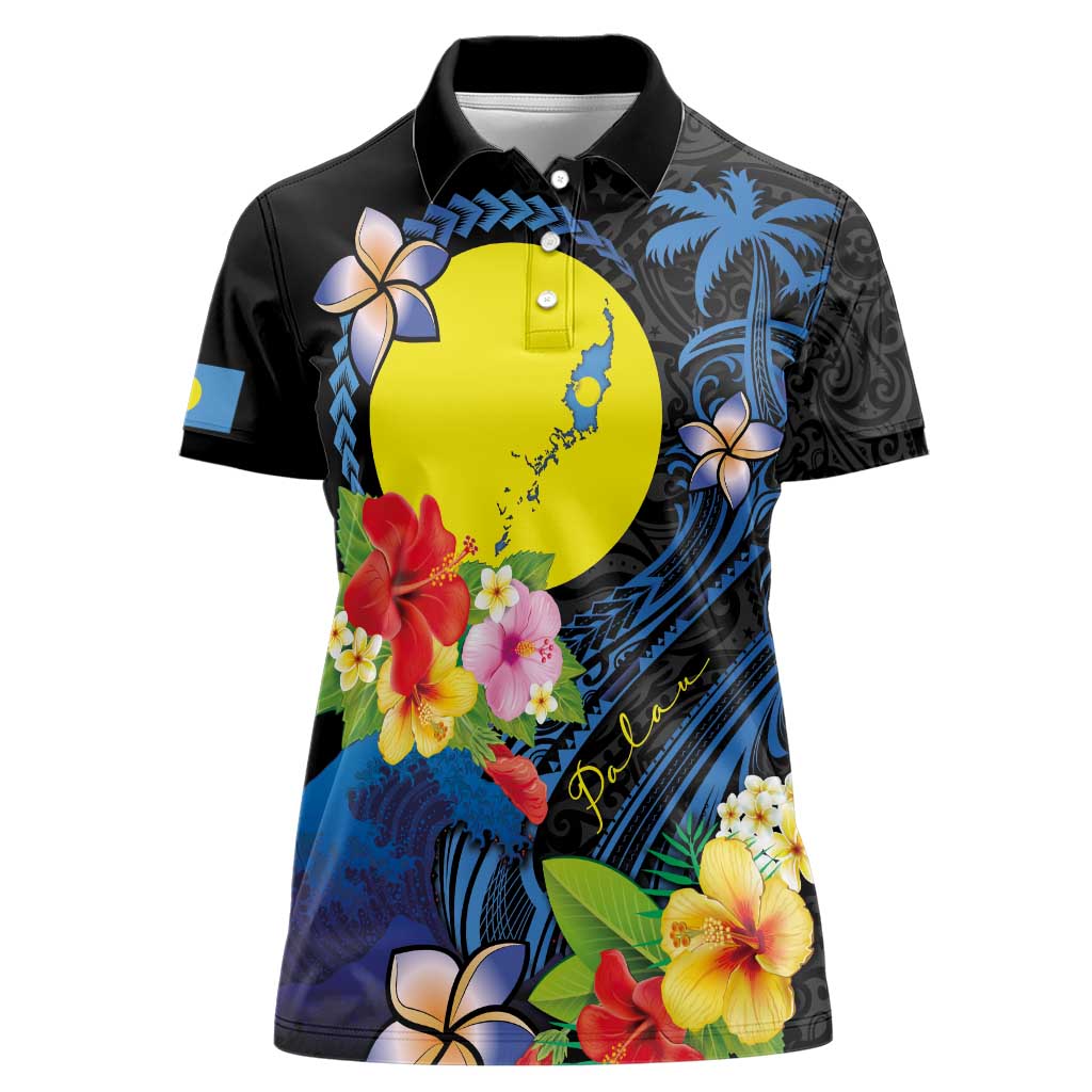 Palau Independence Day Women Polo Shirt Melanesian Tattoo with Hibiscus