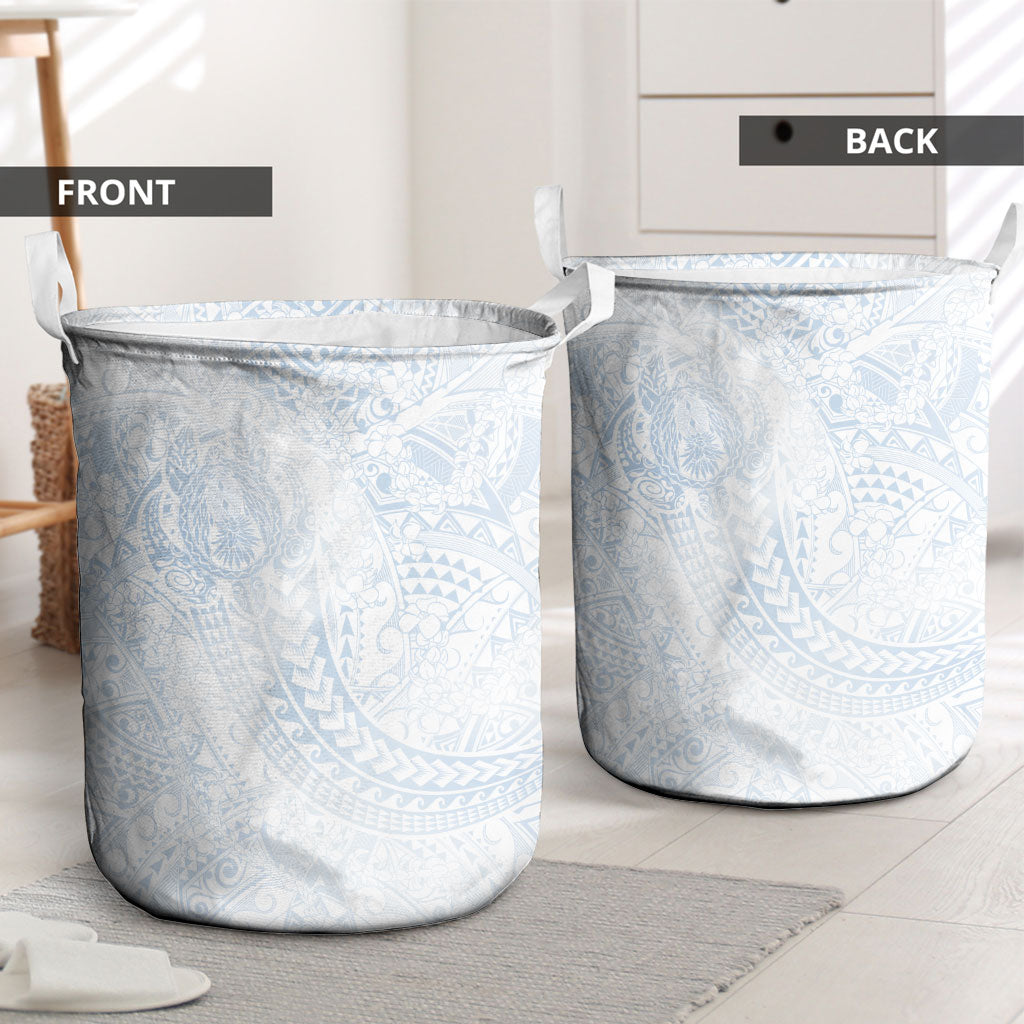 Hawaiian Turtles and Leis Laundry Basket Tribal Kakau Pattern Airy White Blue Cloud Vibe LT03 - Polynesian Pride