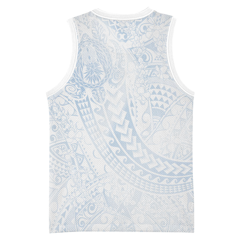 Hawaiian Turtles and Leis Basketball Jersey Tribal Kakau Pattern Airy White Blue Cloud Vibe LT03 - Polynesian Pride