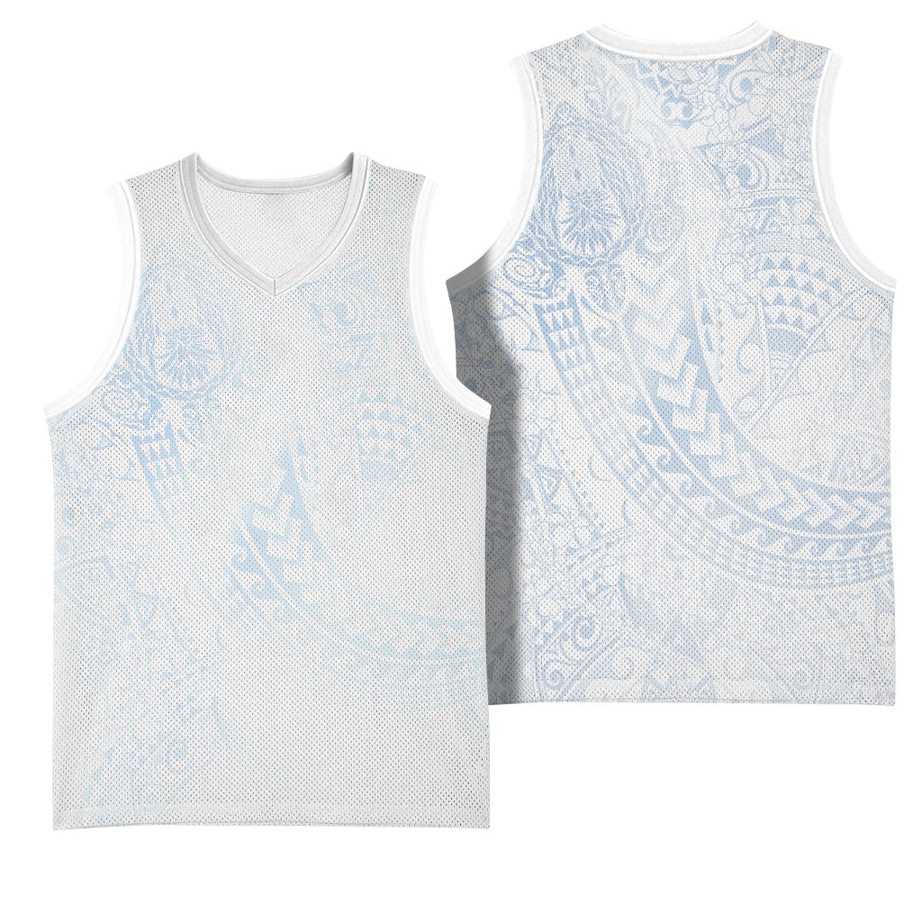 Hawaiian Turtles and Leis Basketball Jersey Tribal Kakau Pattern Airy White Blue Cloud Vibe LT03 - Polynesian Pride