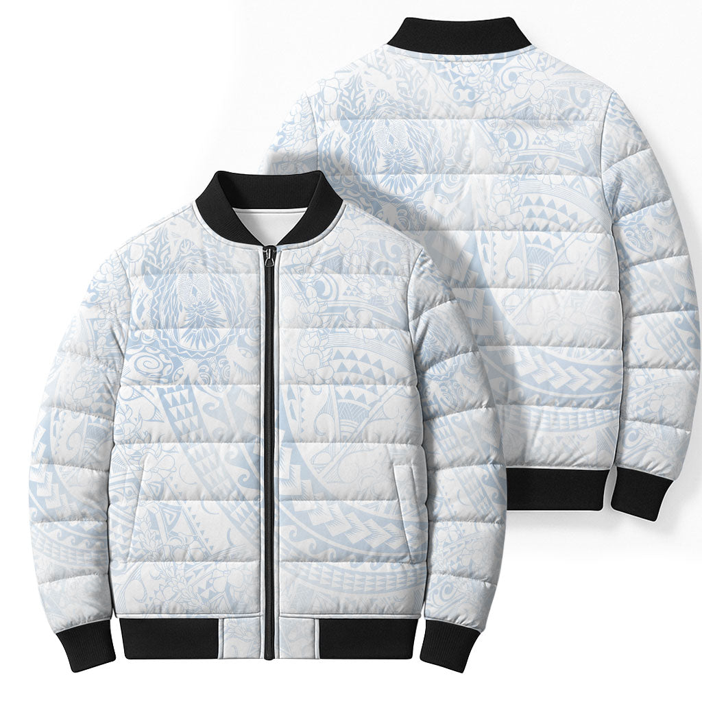 Hawaiian Turtles and Leis Bomber Puffer Jacket Tribal Kakau Pattern Airy White Blue Cloud Vibe LT03 - Polynesian Pride