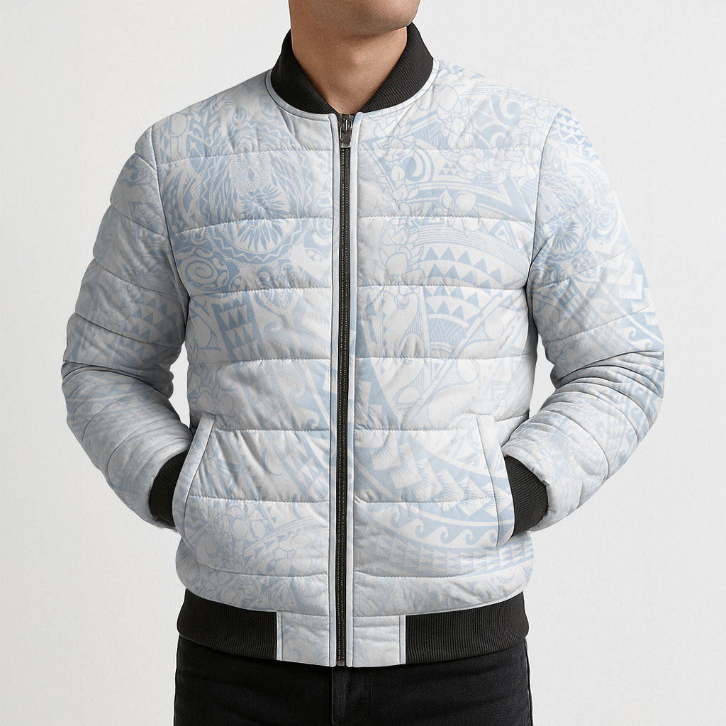 Hawaiian Turtles and Leis Bomber Puffer Jacket Tribal Kakau Pattern Airy White Blue Cloud Vibe LT03 - Polynesian Pride