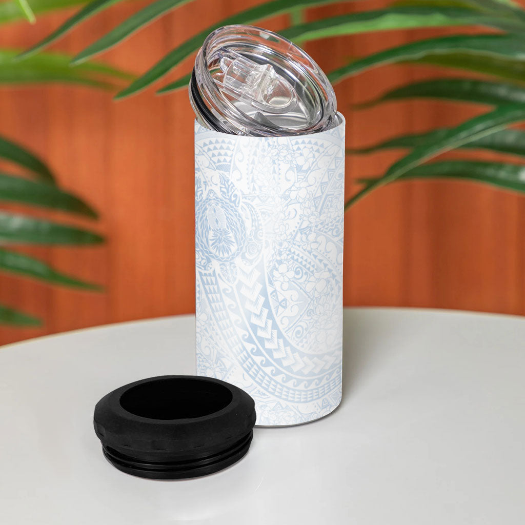 Hawaiian Turtles and Leis 4 in 1 Can Cooler Tumbler Tribal Kakau Pattern Airy White Blue Cloud Vibe LT03 - Polynesian Pride