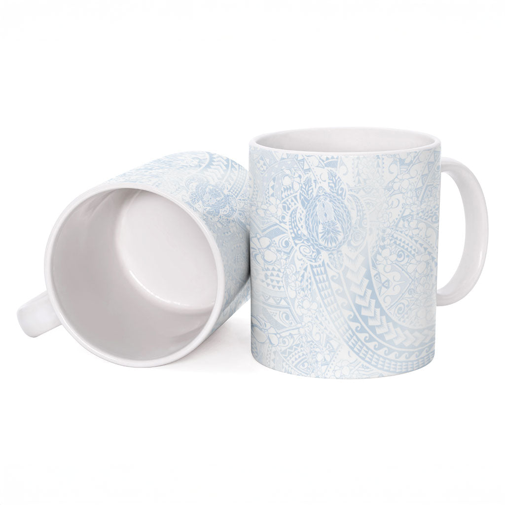 Hawaiian Turtles and Leis Ceramic Mug Tribal Kakau Pattern Airy White Blue Cloud Vibe LT03 - Polynesian Pride