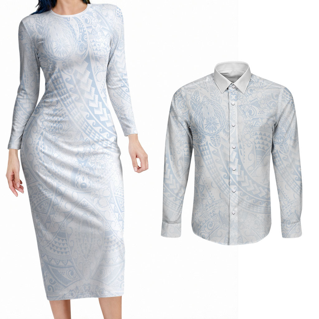 Hawaiian Turtles and Leis Couples Matching Long Sleeve Bodycon Dress and Long Sleeve Button Shirt Tribal Kakau Pattern Airy White Blue Cloud Vibe LT03 White - Polynesian Pride