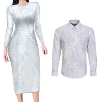 Hawaiian Turtles and Leis Couples Matching Long Sleeve Bodycon Dress and Long Sleeve Button Shirt Tribal Kakau Pattern Airy White Blue Cloud Vibe LT03 White - Polynesian Pride