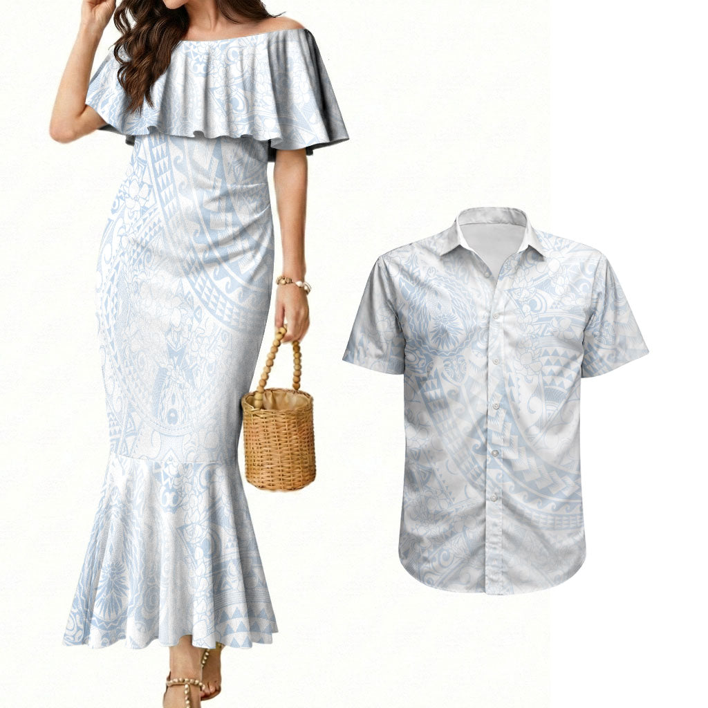 Hawaiian Turtles and Leis Couples Matching Mermaid Dress and Hawaiian Shirt Tribal Kakau Pattern Airy White Blue Cloud Vibe LT03 White - Polynesian Pride