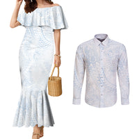 Hawaiian Turtles and Leis Couples Matching Mermaid Dress and Long Sleeve Button Shirt Tribal Kakau Pattern Airy White Blue Cloud Vibe LT03 White - Polynesian Pride