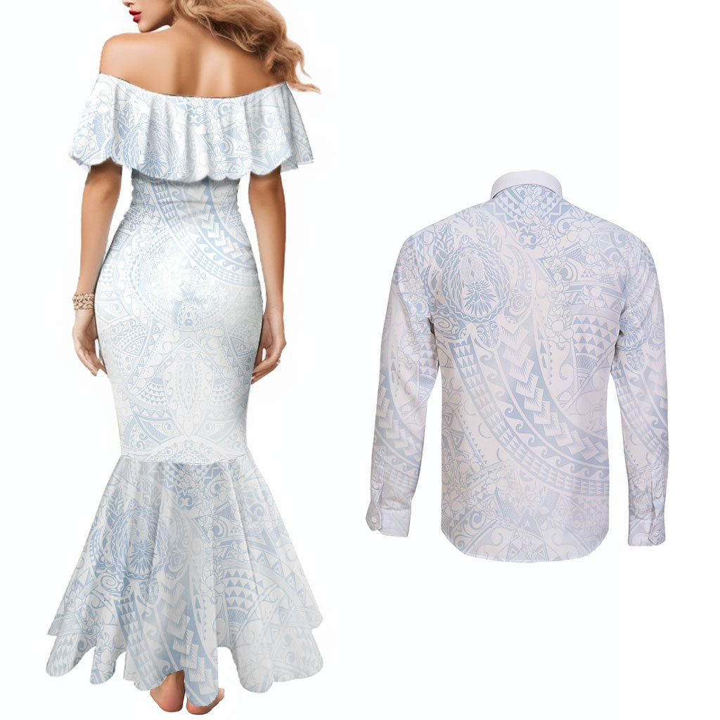 Hawaiian Turtles and Leis Couples Matching Mermaid Dress and Long Sleeve Button Shirt Tribal Kakau Pattern Airy White Blue Cloud Vibe LT03 - Polynesian Pride