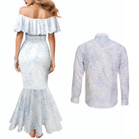Hawaiian Turtles and Leis Couples Matching Mermaid Dress and Long Sleeve Button Shirt Tribal Kakau Pattern Airy White Blue Cloud Vibe LT03 - Polynesian Pride