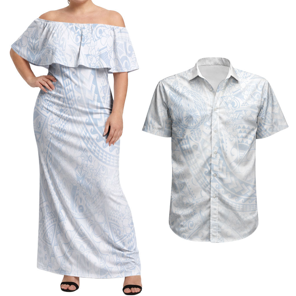 Hawaiian Turtles and Leis Couples Matching Off Shoulder Maxi Dress and Hawaiian Shirt Tribal Kakau Pattern Airy White Blue Cloud Vibe LT03 White - Polynesian Pride
