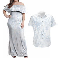 Hawaiian Turtles and Leis Couples Matching Off Shoulder Maxi Dress and Hawaiian Shirt Tribal Kakau Pattern Airy White Blue Cloud Vibe LT03 White - Polynesian Pride