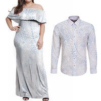 Hawaiian Turtles and Leis Couples Matching Off Shoulder Maxi Dress and Long Sleeve Button Shirt Tribal Kakau Pattern Airy White Blue Cloud Vibe LT03 White - Polynesian Pride