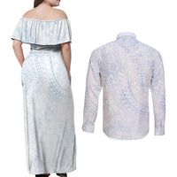 Hawaiian Turtles and Leis Couples Matching Off Shoulder Maxi Dress and Long Sleeve Button Shirt Tribal Kakau Pattern Airy White Blue Cloud Vibe LT03 - Polynesian Pride