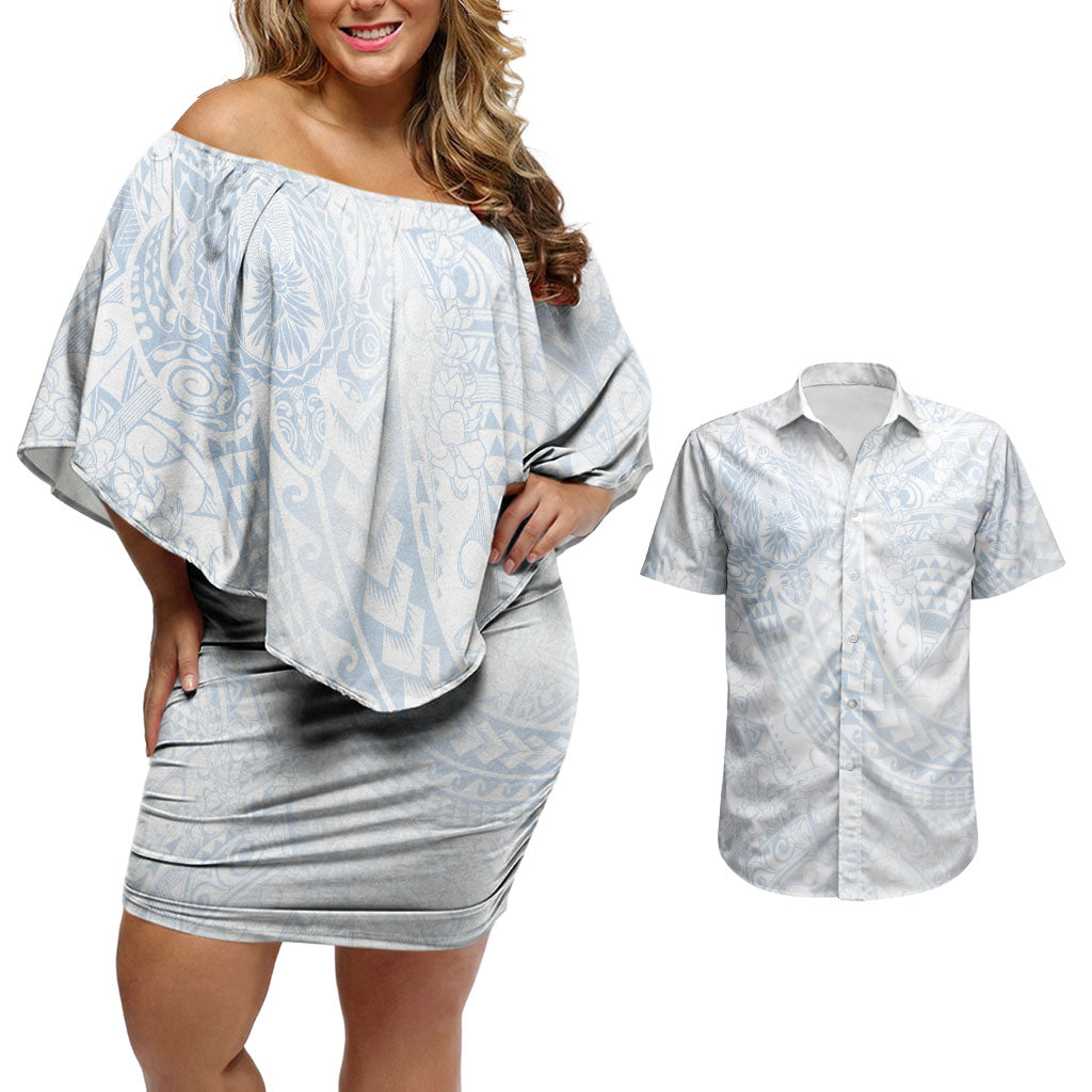 Hawaiian Turtles and Leis Couples Matching Off Shoulder Short Dress and Hawaiian Shirt Tribal Kakau Pattern Airy White Blue Cloud Vibe LT03 White - Polynesian Pride