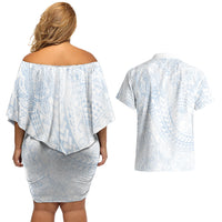Hawaiian Turtles and Leis Couples Matching Off Shoulder Short Dress and Hawaiian Shirt Tribal Kakau Pattern Airy White Blue Cloud Vibe LT03 - Polynesian Pride