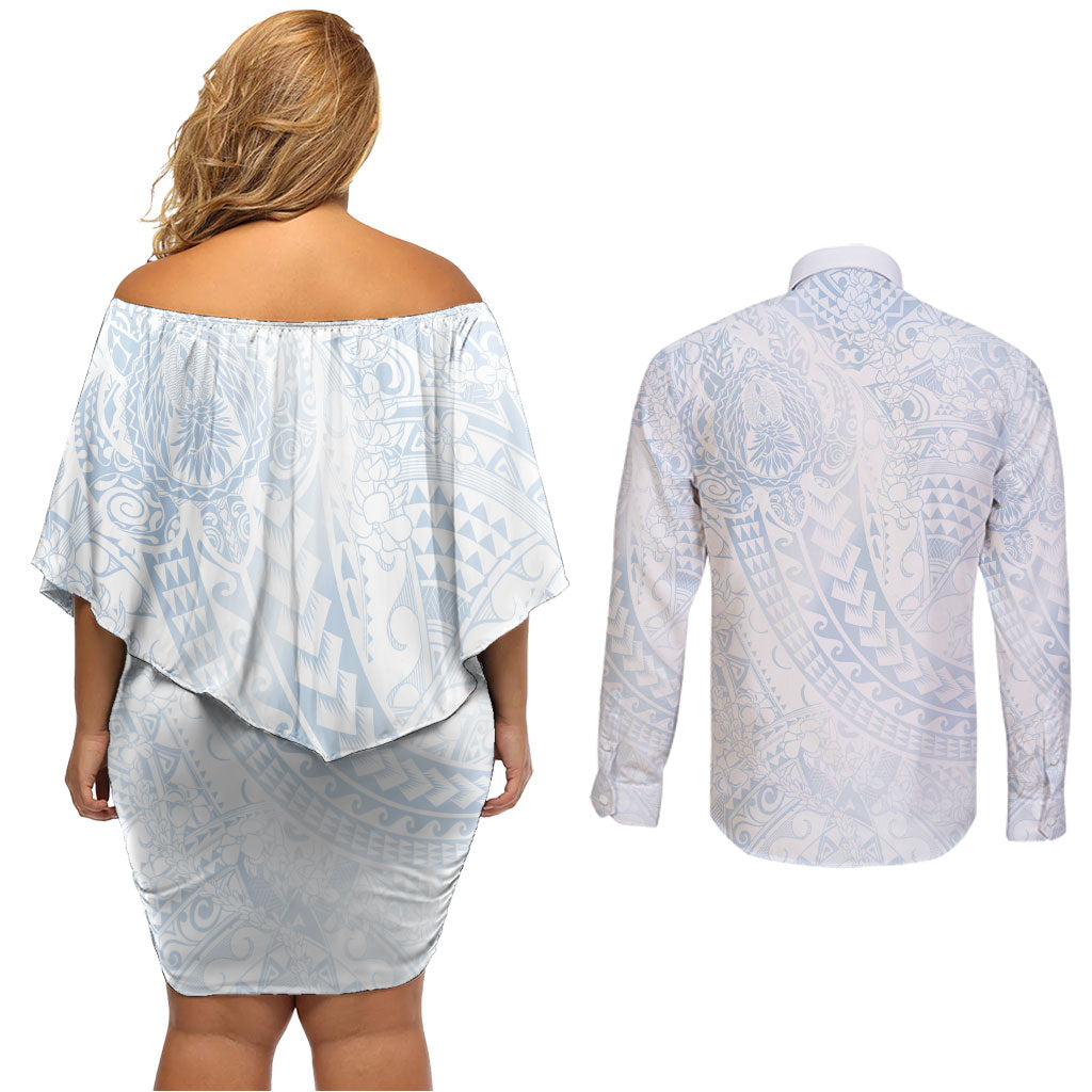 Hawaiian Turtles and Leis Couples Matching Off Shoulder Short Dress and Long Sleeve Button Shirt Tribal Kakau Pattern Airy White Blue Cloud Vibe LT03 - Polynesian Pride