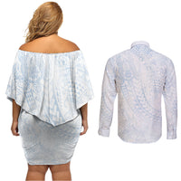 Hawaiian Turtles and Leis Couples Matching Off Shoulder Short Dress and Long Sleeve Button Shirt Tribal Kakau Pattern Airy White Blue Cloud Vibe LT03 - Polynesian Pride