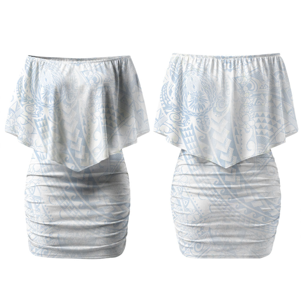 Hawaiian Turtles and Leis Couples Matching Off Shoulder Short Dress and Long Sleeve Button Shirt Tribal Kakau Pattern Airy White Blue Cloud Vibe LT03 - Polynesian Pride