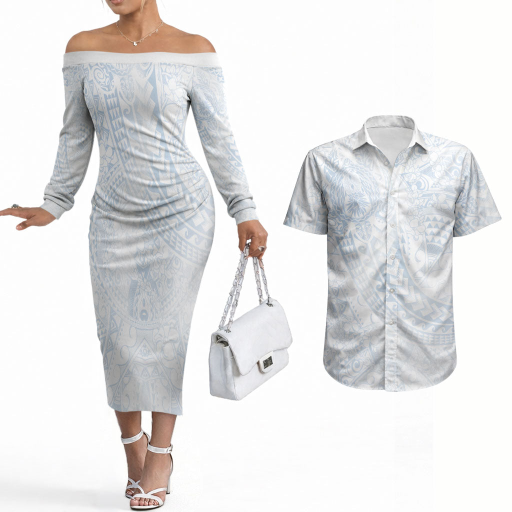 Hawaiian Turtles and Leis Couples Matching Off The Shoulder Long Sleeve Dress and Hawaiian Shirt Tribal Kakau Pattern Airy White Blue Cloud Vibe LT03 White - Polynesian Pride