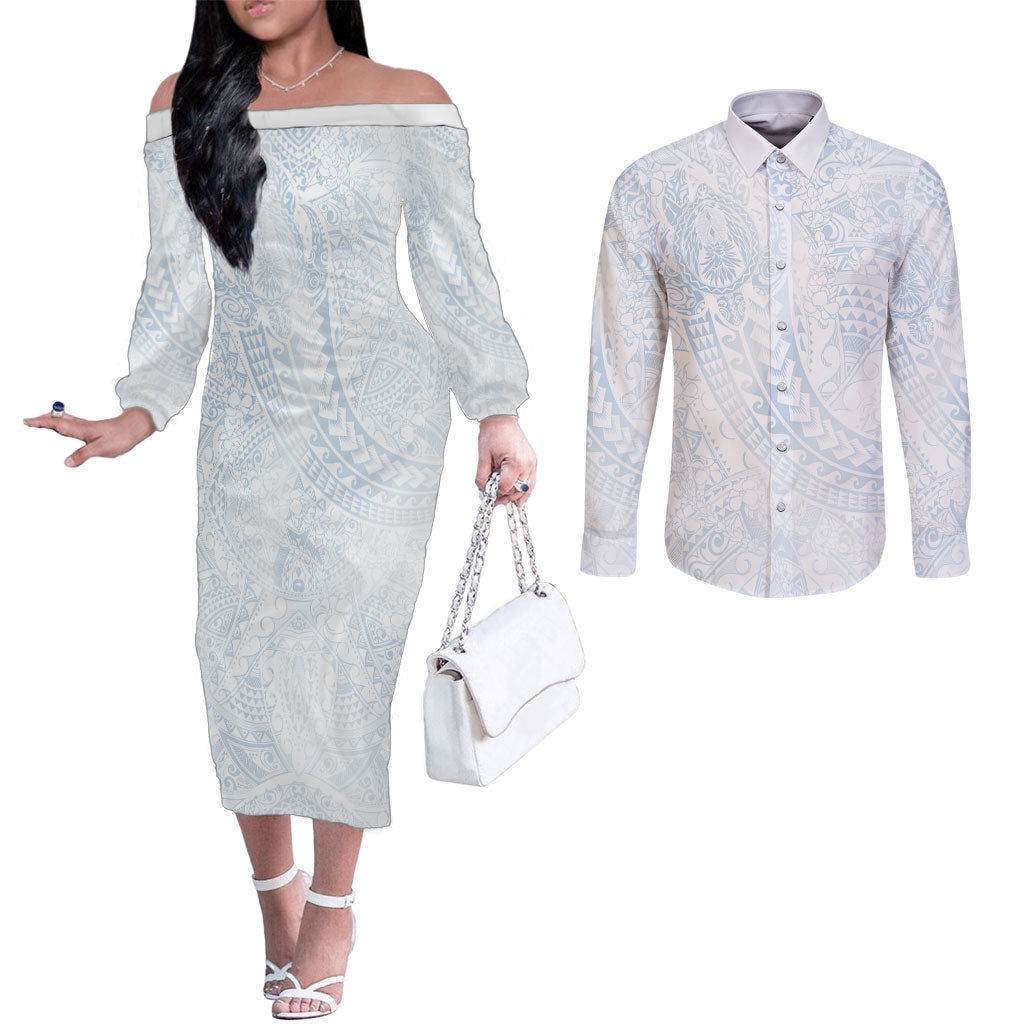 Hawaiian Turtles and Leis Couples Matching Off The Shoulder Long Sleeve Dress and Long Sleeve Button Shirt Tribal Kakau Pattern Airy White Blue Cloud Vibe LT03 White - Polynesian Pride