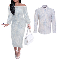 Hawaiian Turtles and Leis Couples Matching Off The Shoulder Long Sleeve Dress and Long Sleeve Button Shirt Tribal Kakau Pattern Airy White Blue Cloud Vibe LT03 White - Polynesian Pride