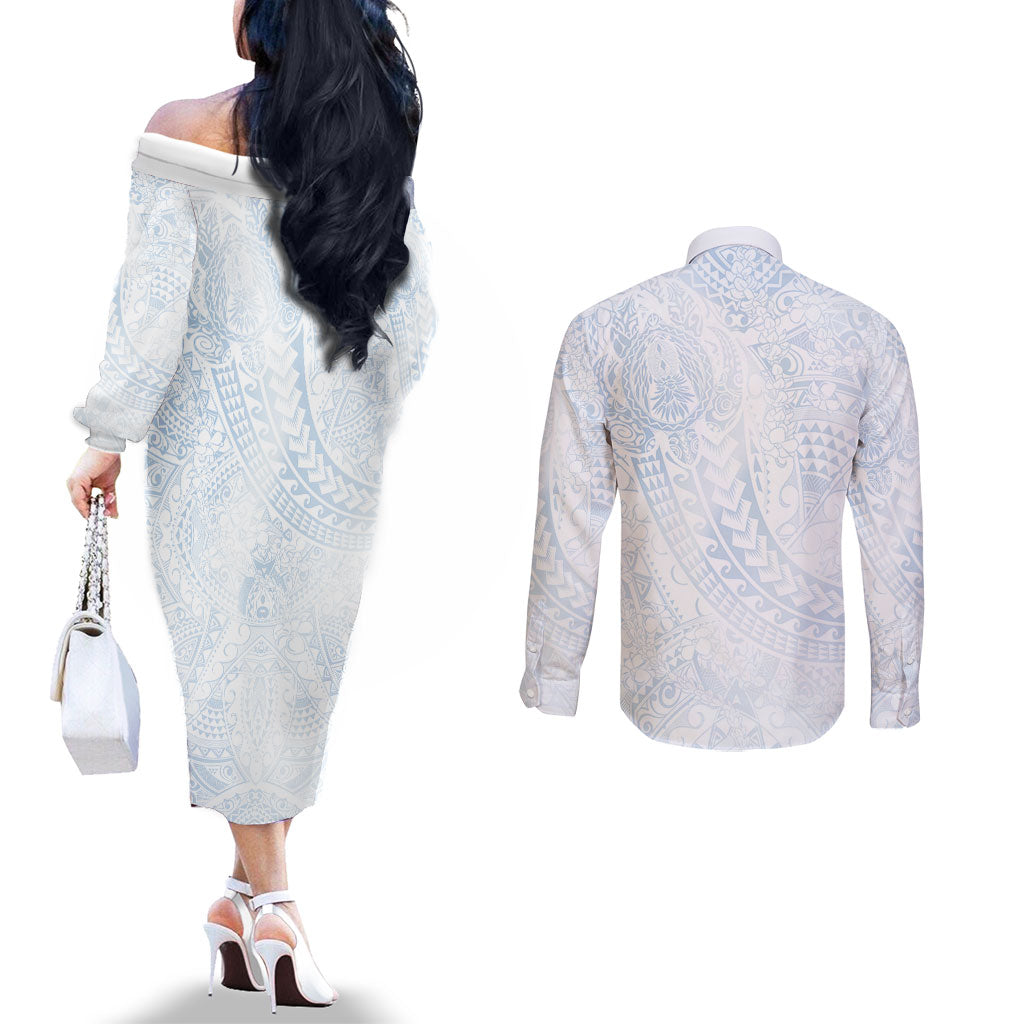 Hawaiian Turtles and Leis Couples Matching Off The Shoulder Long Sleeve Dress and Long Sleeve Button Shirt Tribal Kakau Pattern Airy White Blue Cloud Vibe LT03 - Polynesian Pride