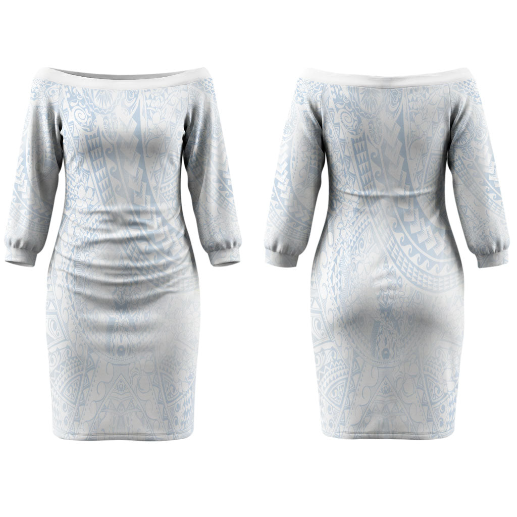 Hawaiian Turtles and Leis Couples Matching Off The Shoulder Long Sleeve Dress and Long Sleeve Button Shirt Tribal Kakau Pattern Airy White Blue Cloud Vibe LT03 - Polynesian Pride