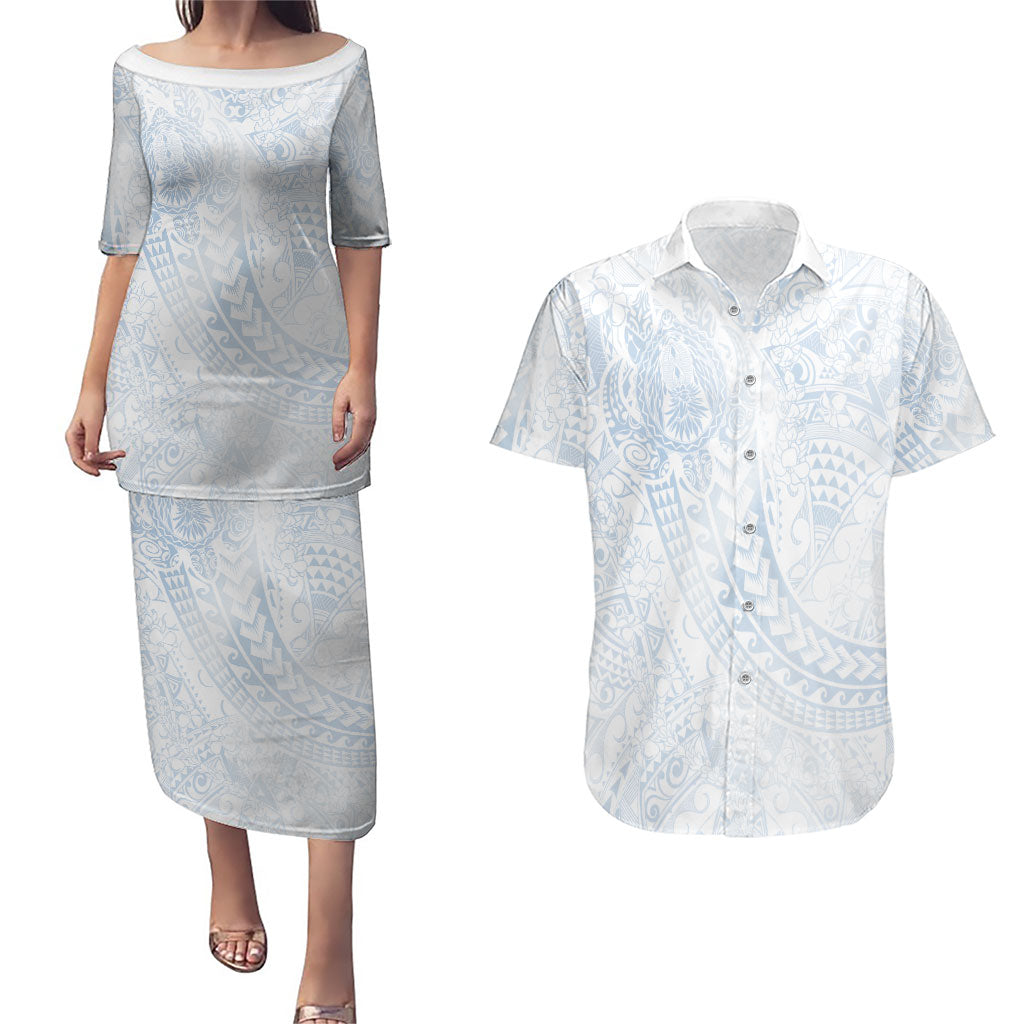 Hawaiian Turtles and Leis Couples Matching Puletasi and Hawaiian Shirt Tribal Kakau Pattern Airy White Blue Cloud Vibe LT03 White - Polynesian Pride