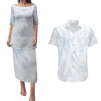 Hawaiian Turtles and Leis Couples Matching Puletasi and Hawaiian Shirt Tribal Kakau Pattern Airy White Blue Cloud Vibe LT03 White - Polynesian Pride